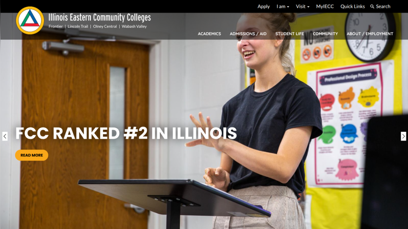 Illinois Eastern Community Colleges homepage with navigation and hero image highlighting FCC ranked #2 in Illinois
