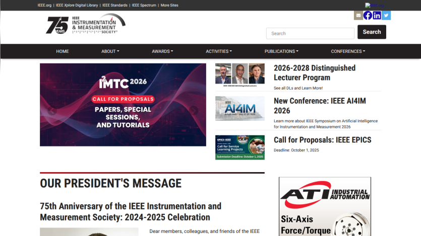 IEEE Instrumentation & Measurement Society homepage featuring 75th anniversary, call for proposals, and president's message