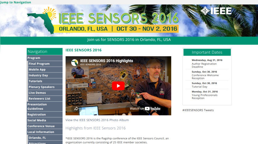 IEEE Sensors 2016 conference page with navigation and video highlights.