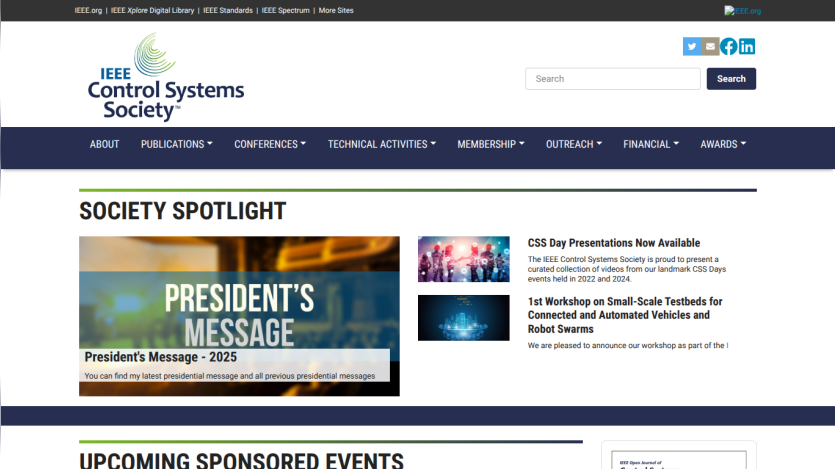 IEEE Control Systems Society homepage with navigation menu and Society Spotlight featuring President's Message and event announcements