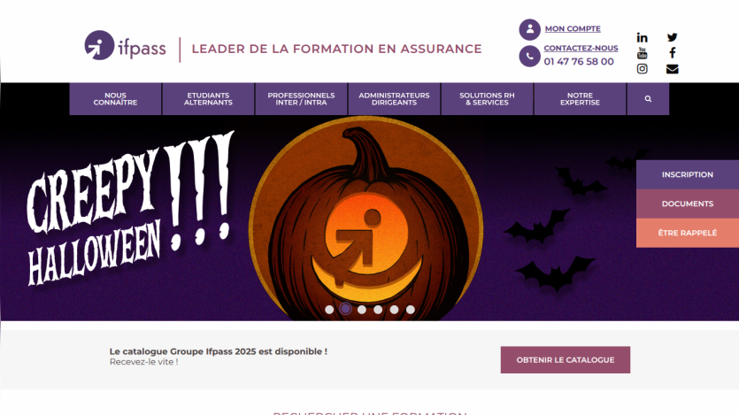 Ifpass insurance training leader website with Halloween themed hero and navigation menu