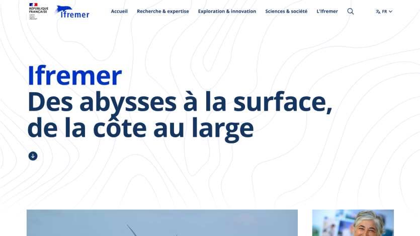 Homepage of Ifremer featuring the title and subtitle about marine research.