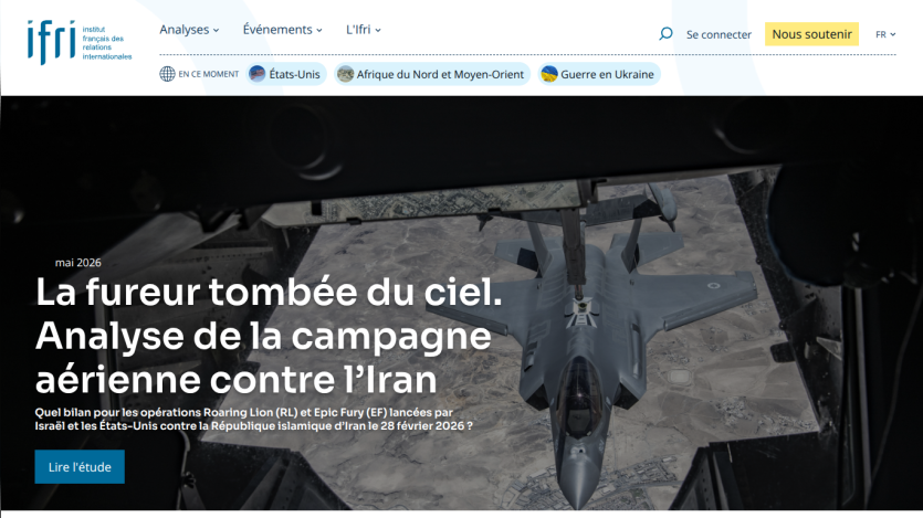 Headline about aerial campaign analysis against Iran with an image of a fighter jet.