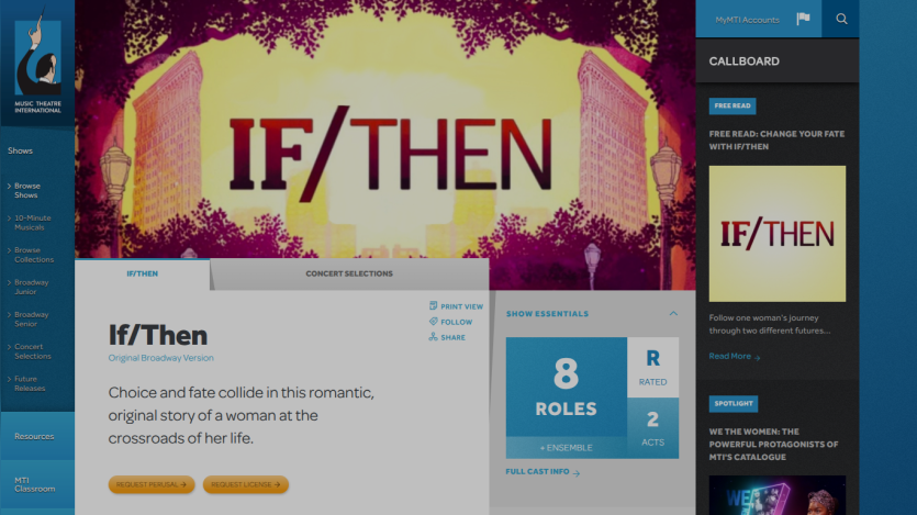 Music Theatre International page for the Broadway show If/Then with description, roles, acts, and callboard info