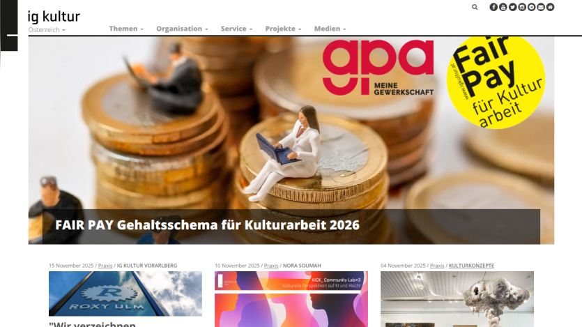 ig kultur Austria website with headline about FAIR PAY salary scheme for cultural work 2026 and recent articles