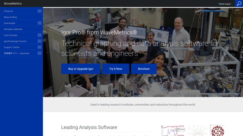 Homepage of WaveMetrics showcasing analysis software with navigation and call-to-action buttons.