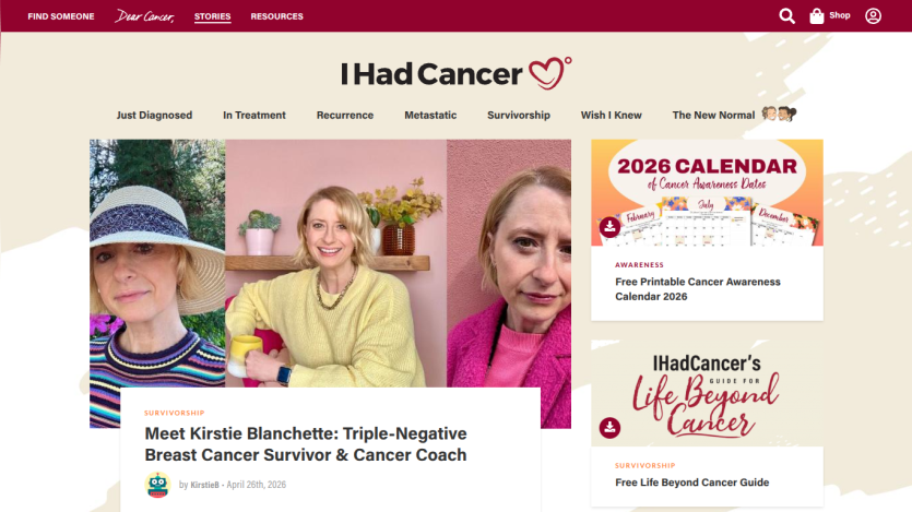 Homepage of I Had Cancer featuring survivor stories and a calendar promotion.