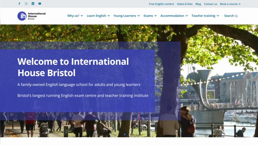 Welcome message for International House Bristol, highlighting language courses for adults and young learners.