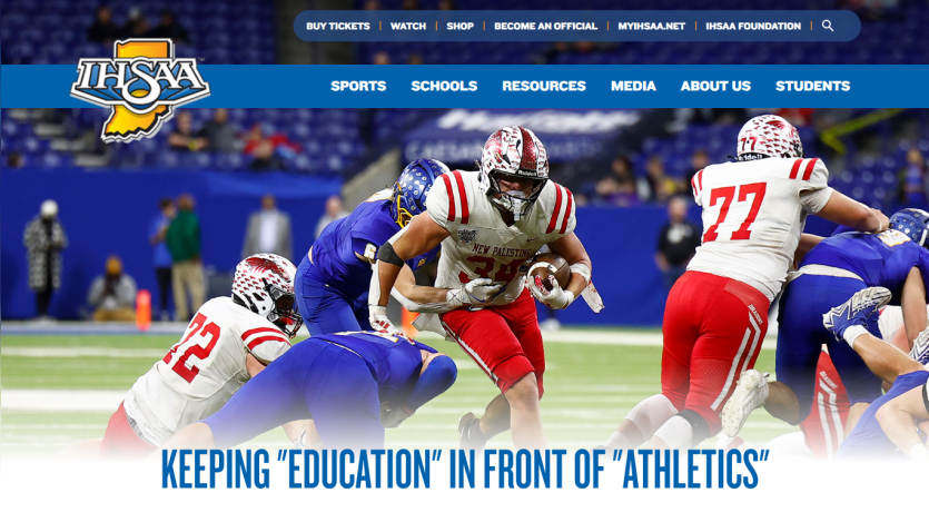 IHSAA website header with navigation and hero image of a high school football game and slogan about education and athletics