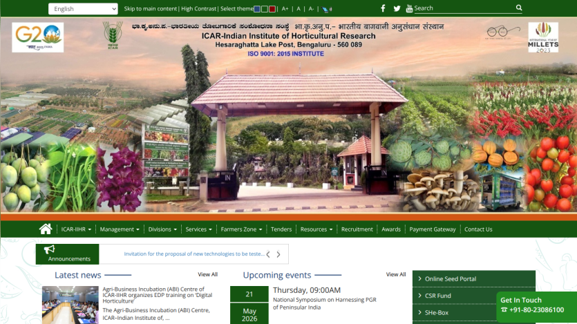 Homepage of ICAR-Indian Institute of Horticultural Research featuring events and news.