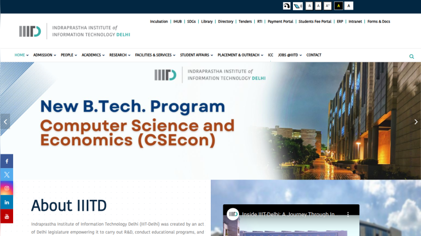 IIIT Delhi website promoting new B.Tech program in Computer Science and Economics with campus image and about section