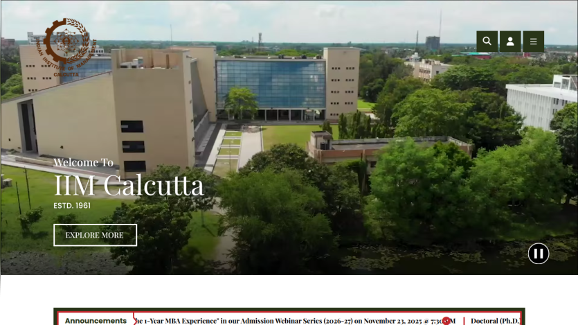 Welcome page of IIM Calcutta with campus aerial view and invitation to explore more