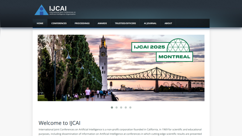 Homepage of IJCAI 2023 featuring a bridge and event details for Montreal.