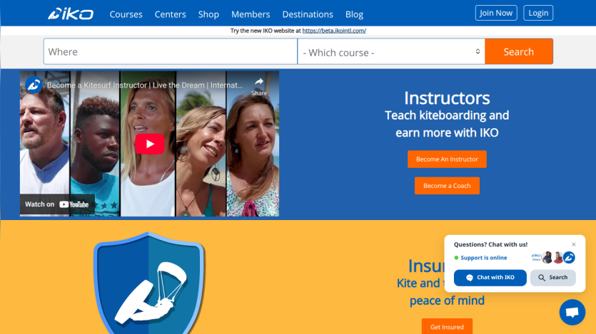 IKO website homepage with navigation, search bar, hero video about becoming a kitesurf instructor, and instructor call-to-action buttons