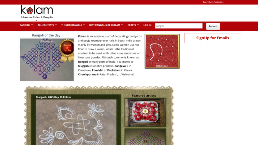 Homepage featuring traditional kolam designs with descriptions and a sign-up option.