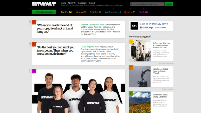 Website homepage featuring quotes, navigation menu, and a hero image of five people wearing ILTWMT shirts.