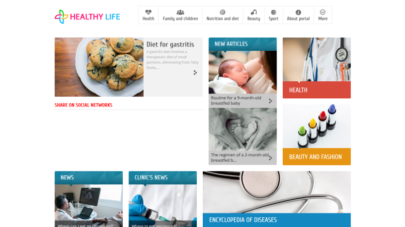Healthy Life website homepage with articles on cancer benefits, health, sports, and beauty and fashion topics