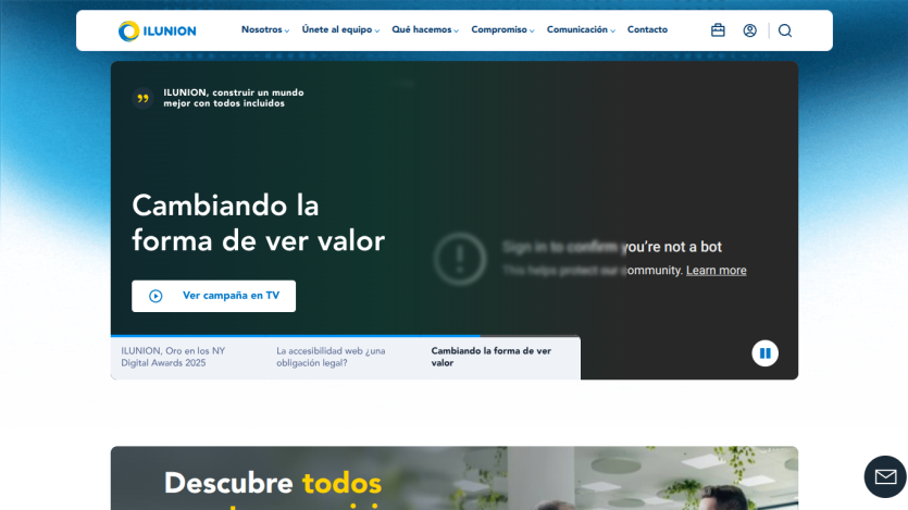 ILUNION website header and hero section discussing web accessibility as a legal obligation with a call to read the editorial