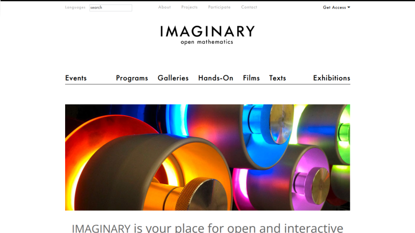 IMAGINARY open mathematics website with navigation links and colorful illuminated circular objects in hero section