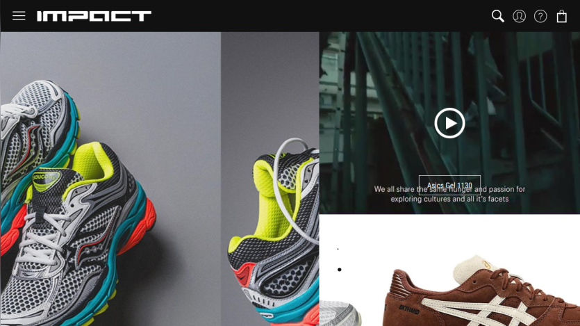 Impact website header with navigation and hero section showcasing colorful running shoes and a video thumbnail