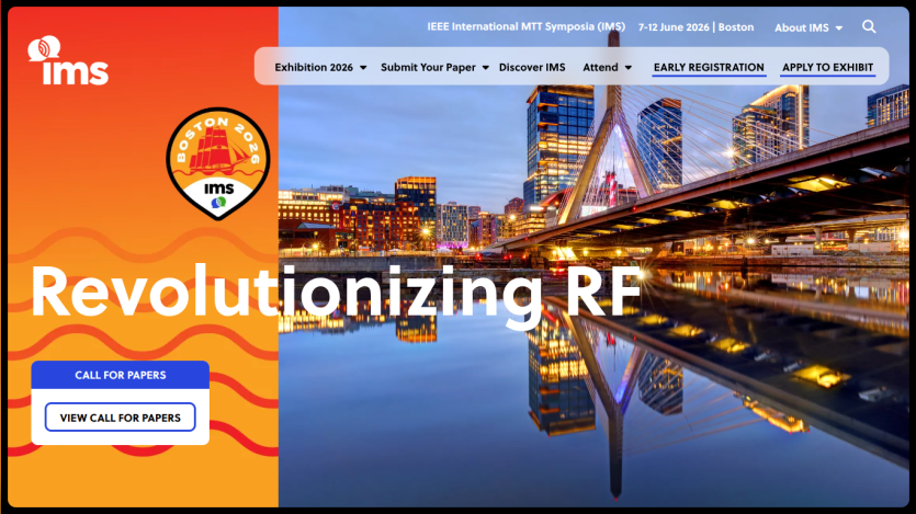 IMS 2026 conference in Boston with call for papers and navigation menu for exhibition, paper submission, and registration