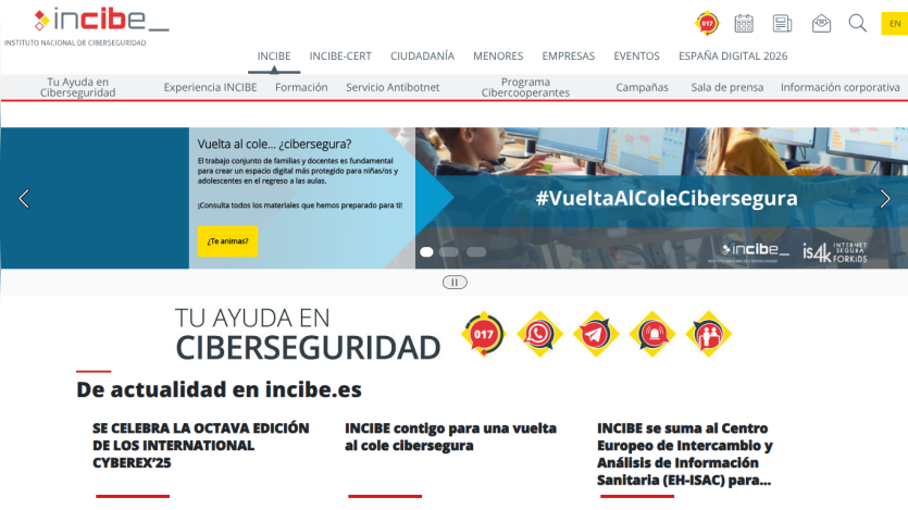 Homepage of Incibe with cybersecurity information and a call to action for the new school year.