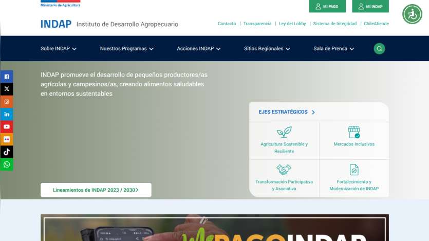 INDAP website promoting sustainable agricultural development with navigation menu and strategic focus areas