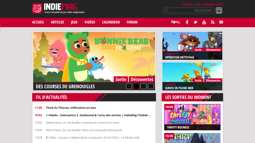 Homepage of Indie Mag featuring articles, games, and a highlighted section for Bonnie Bear.