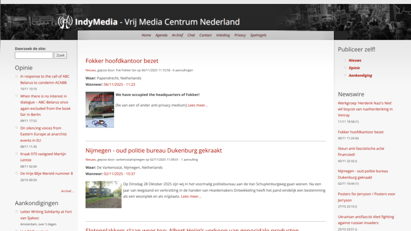IndyMedia Vrij Media Centrum Nederland homepage with news articles about Fokker headquarters occupation and Nijmegen police bureau squatting
