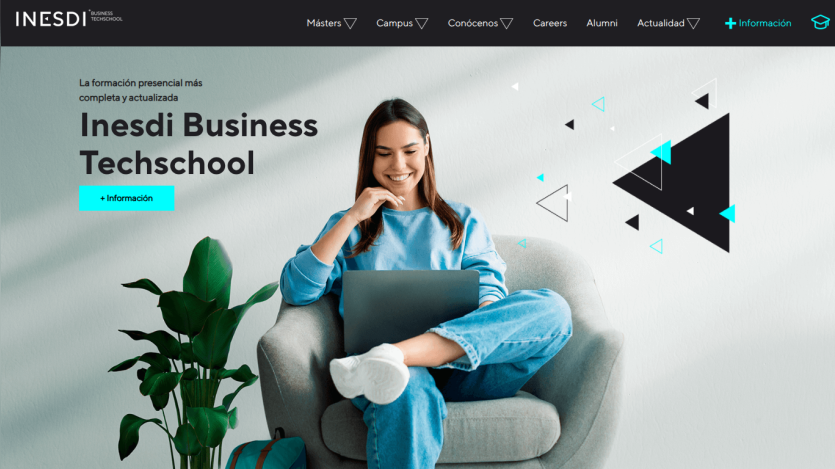Inesdi Business Techschool homepage with a smiling woman using a laptop and navigation menu at top