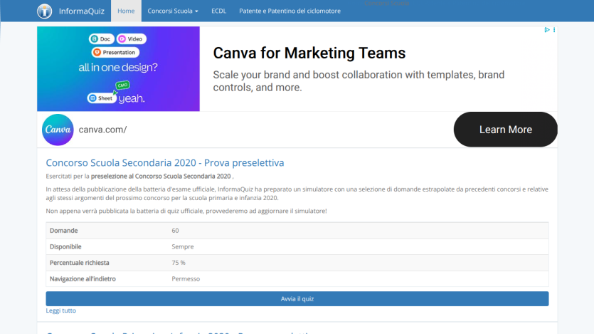 InformaQuiz homepage with navigation bar and quiz options for Concorso Scuola Secondaria 2020 preselection test