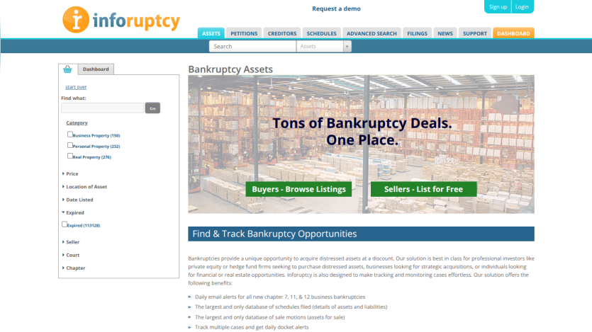 Inforuptcy homepage showing bankruptcy assets with options to browse listings or list for free and details on tracking bankruptcy opportunities