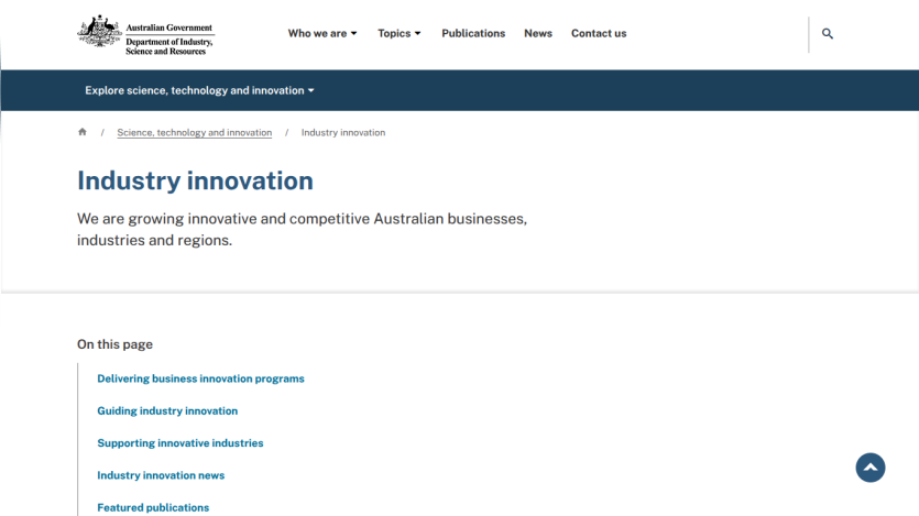 Australian Government Department of Industry, Science and Resources page on Industry innovation with navigation and introductory text