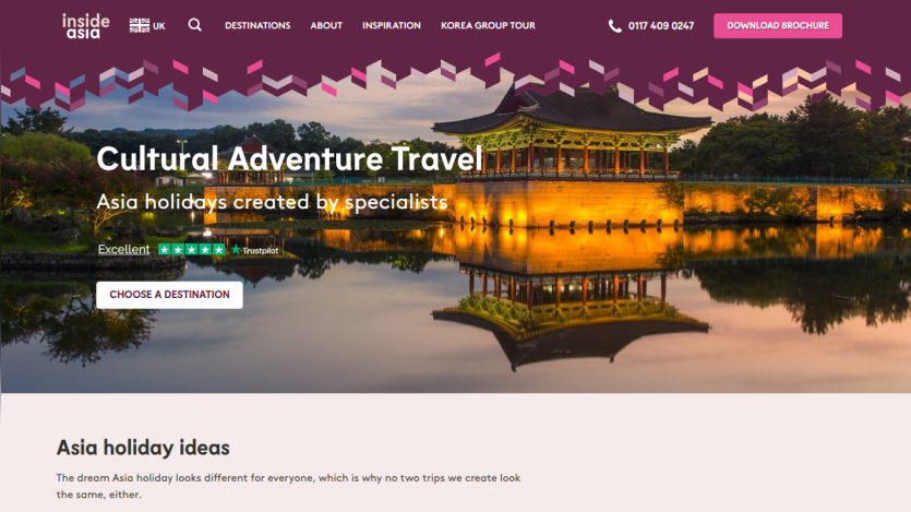 Travel website offering cultural adventure holidays in Asia with a destination selection button and contact info