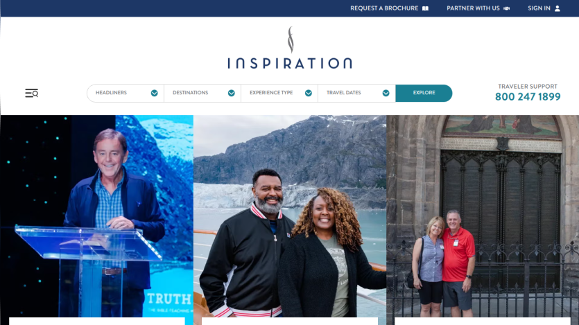 Website header for 'Inspiration' with images of speakers and travelers.