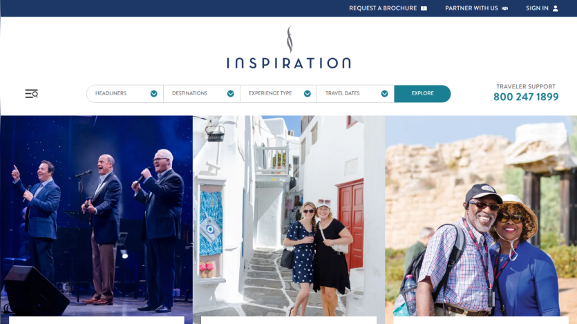 Travel website Inspiration with navigation filters and images of a concert, beach cruise, and historic site