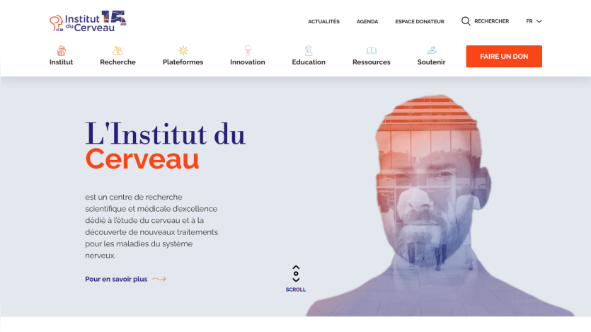 Institut du Cerveau homepage with research center description and navigation menu in French