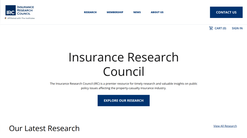 Insurance Research Council homepage with navigation, headline, description, and explore research button