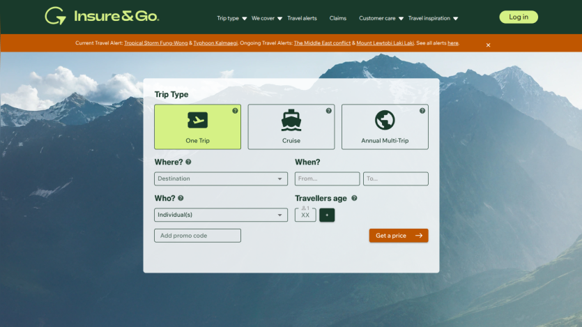 Travel insurance site with trip type selection, destination, dates, travelers age, and promo code fields