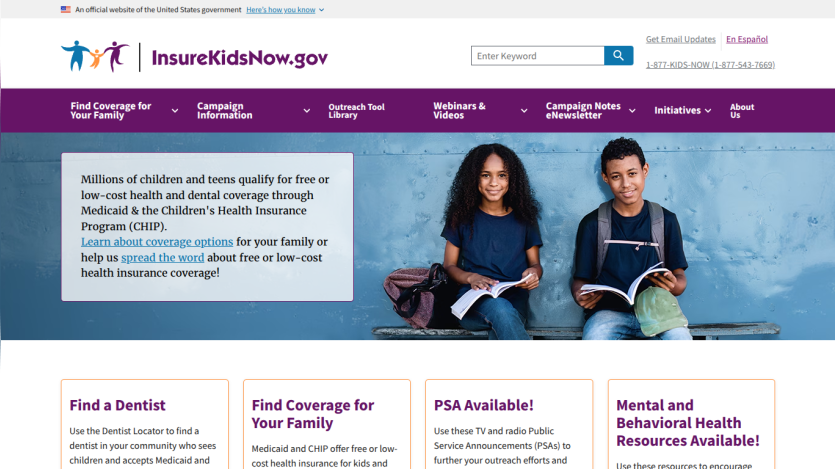 Government health insurance site homepage offering free or low-cost coverage for children and families with navigation and search options
