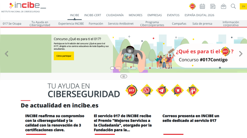 INCIBE website with cybersecurity help, contest announcement, and latest news headlines in Spanish