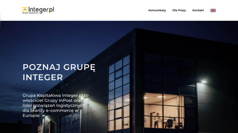 Homepage hero of Integer group with headline and description about e-commerce logistics in Europe