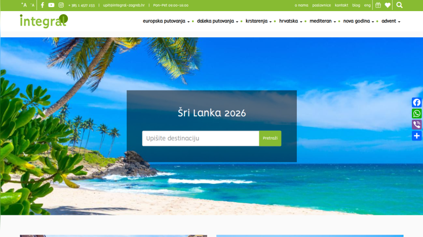 Travel website homepage with tropical beach background and search box for destinations, featuring Sri Lanka 2026