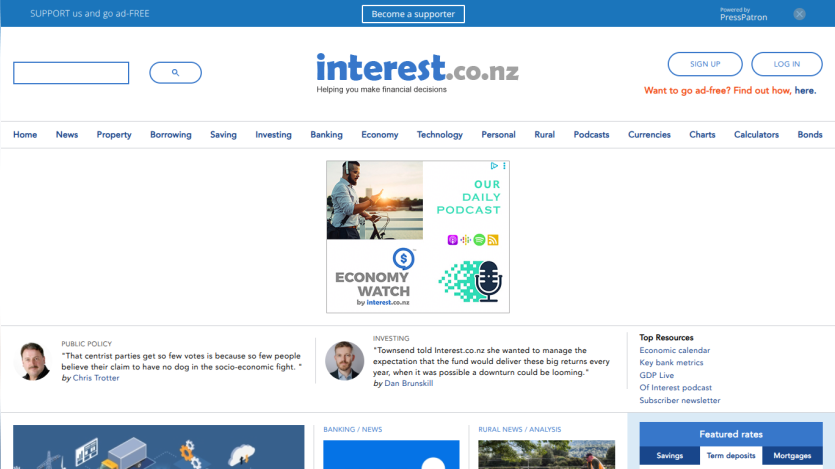Homepage of interest.co.nz featuring news categories and a podcast section.