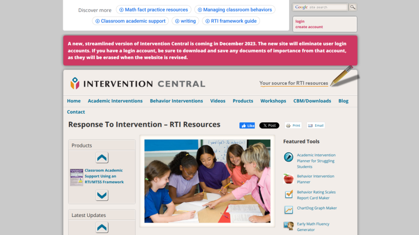 Intervention Central homepage with navigation, login, announcement banner, and image of teacher with students working together