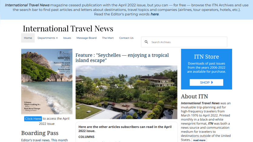 Homepage of International Travel News featuring a tropical island escape article.
