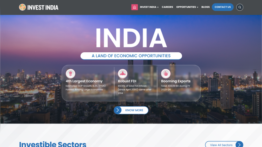 Homepage of Invest India showcasing economic opportunities with key statistics.