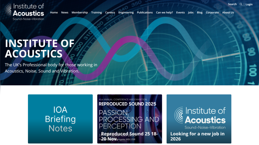 Institute of Acoustics homepage with navigation and hero text about professional body for acoustics, noise, sound, and vibration