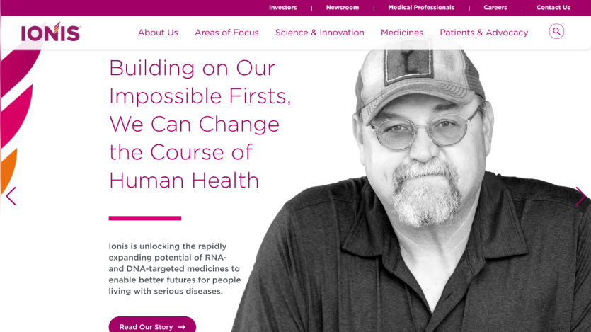 Ionis Pharmaceuticals homepage with headline about changing human health and a man in a cap