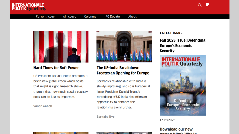 Internationale Politik Quarterly homepage featuring articles on global politics and the Fall 2025 issue on Europe's economic security